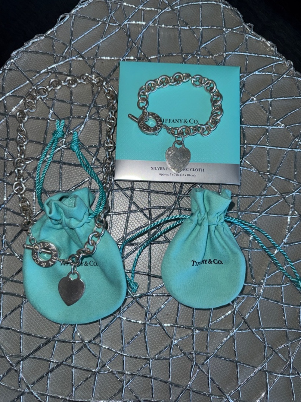 Tiffany & Co. Sterling Heart Tag Necklace & Bracelet Set with Blue Pouches